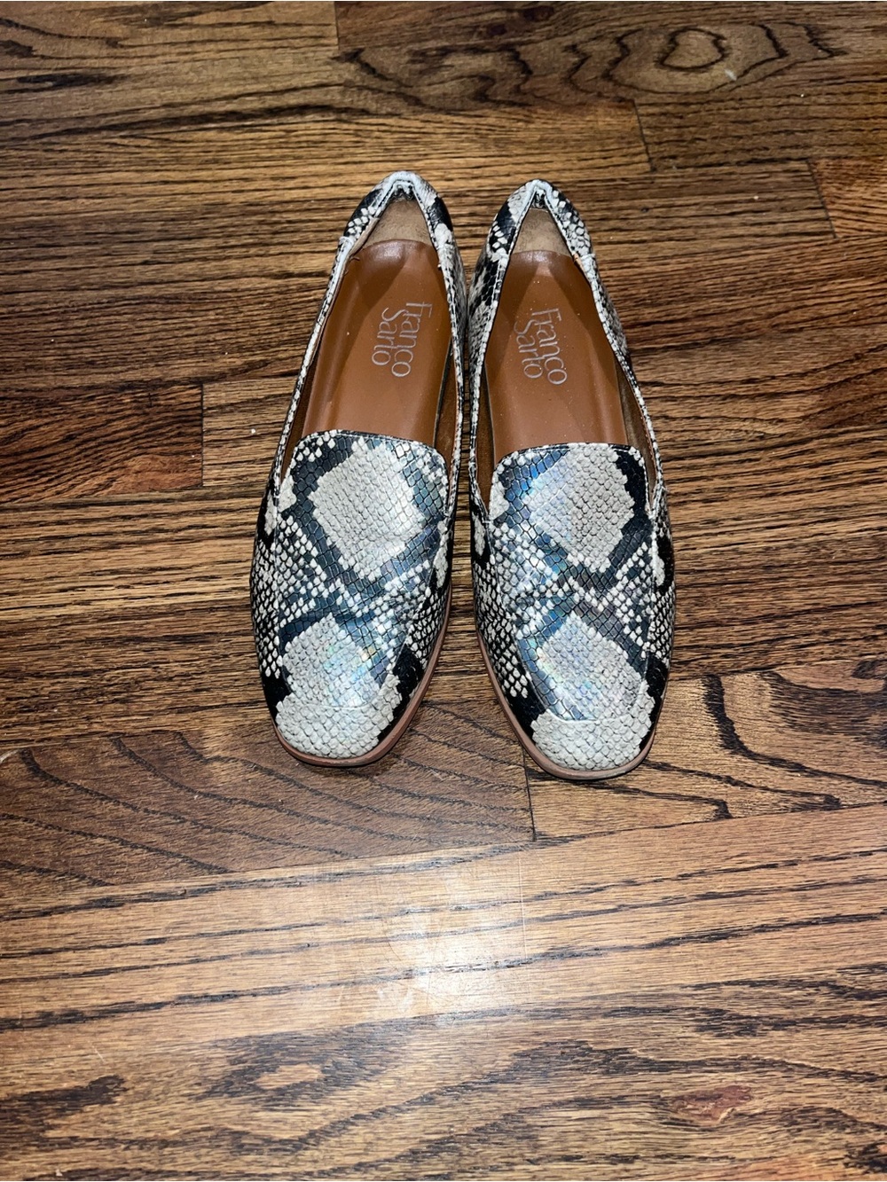 Franco Sarto Black and Ivory Snake-Print Loafers
